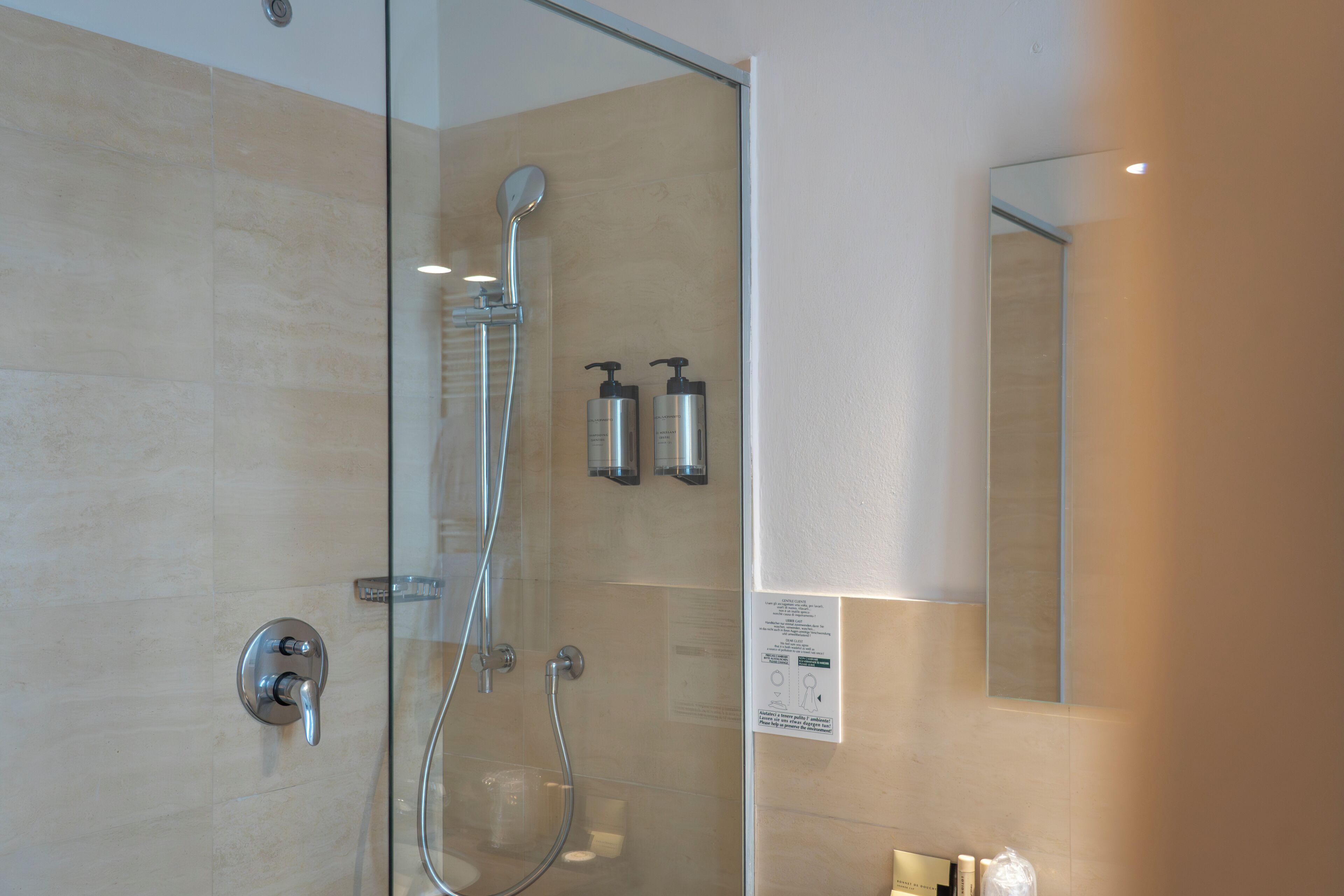 A modern bathroom with a glass shower enclosure, a handheld showerhead, and two bottles of shampoo.