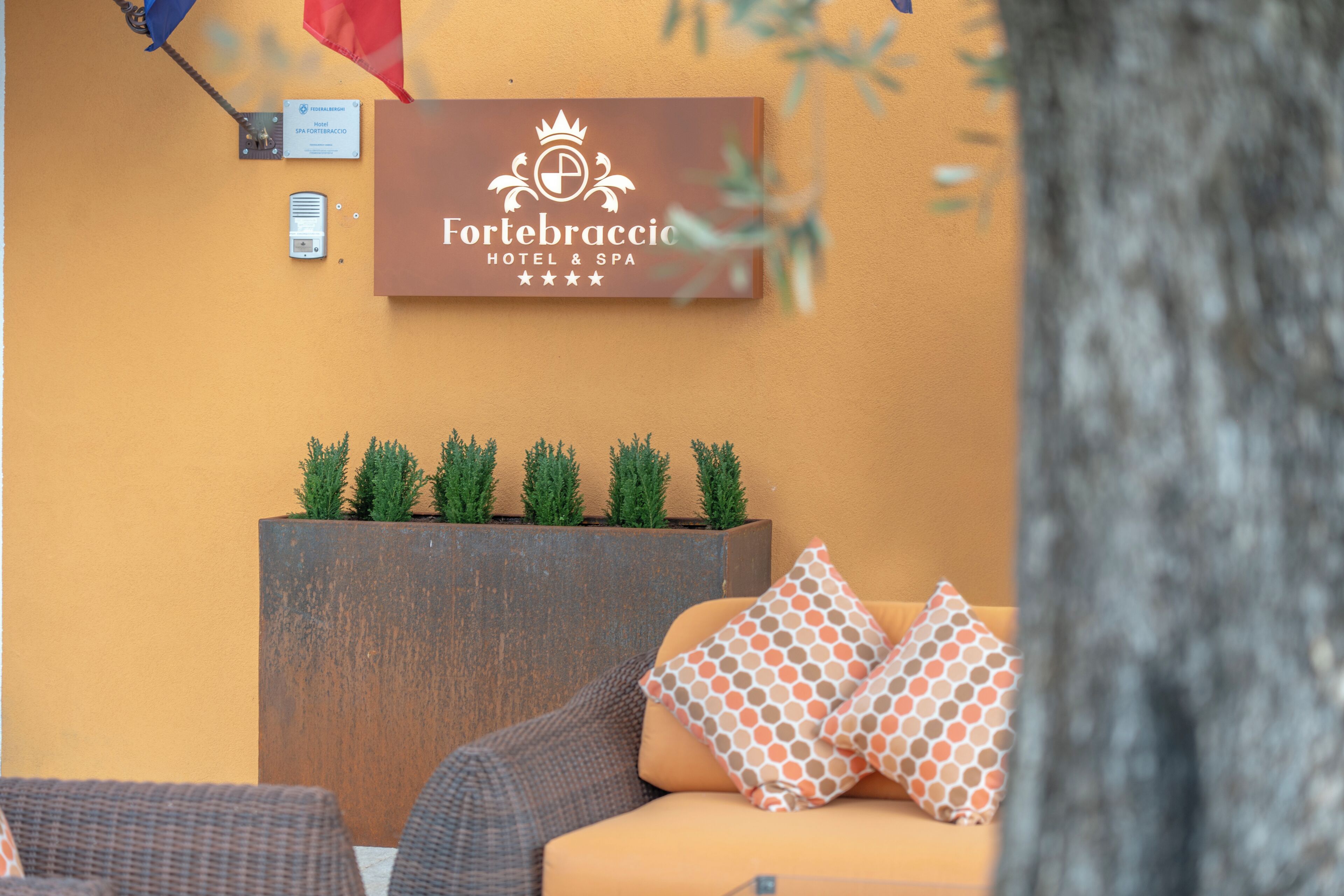 A hotel reception area with a sign, a planter with small trees, and a sofa with patterned cushions.