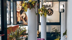 Um interior moderno com plantas penduradas, um pôster grande e uma área de estar com sofá e poltronas.