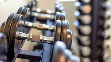 A close-up of a row of dumbbells on a rack.