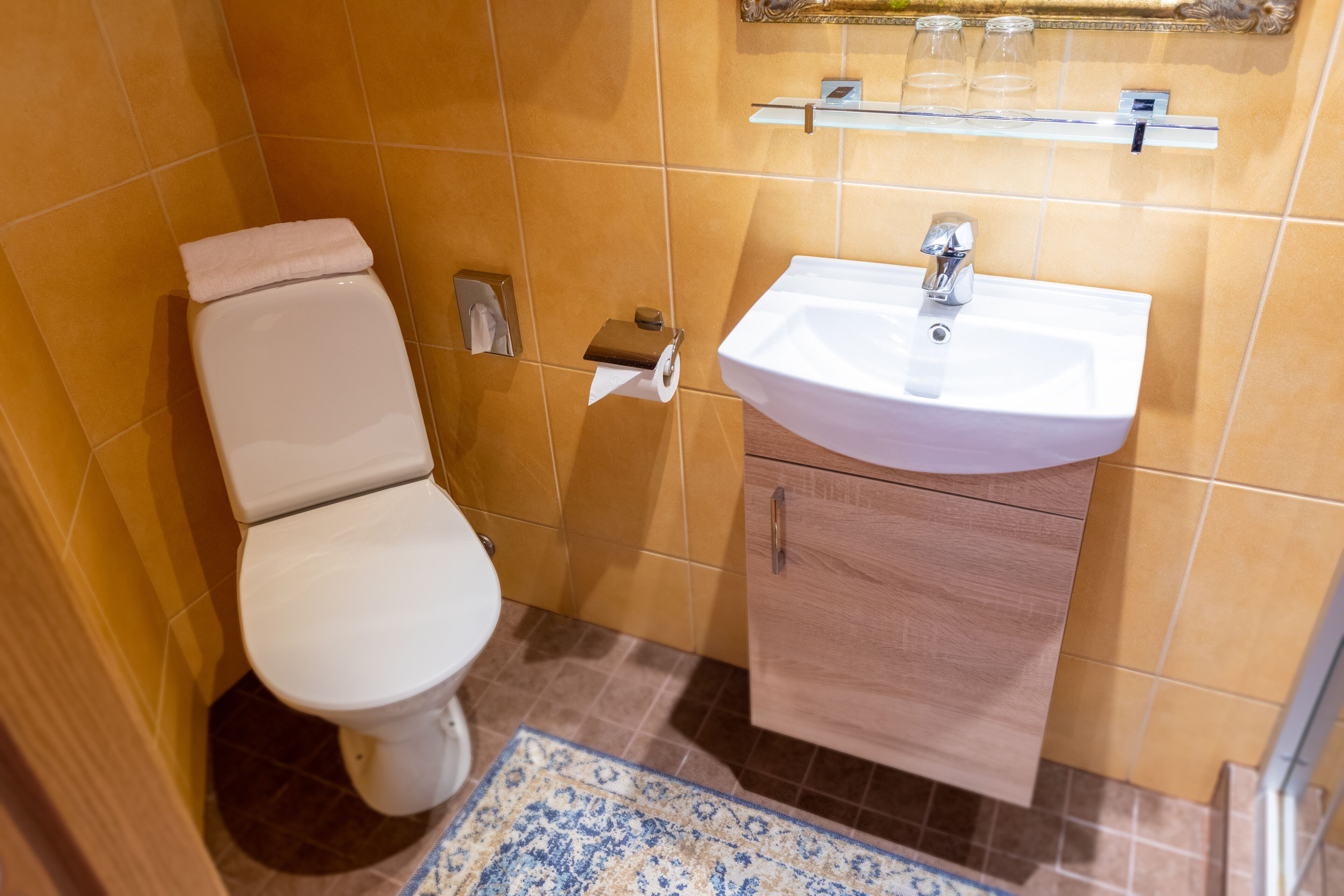 A bathroom with a toilet, sink, and a small shelf above the sink.