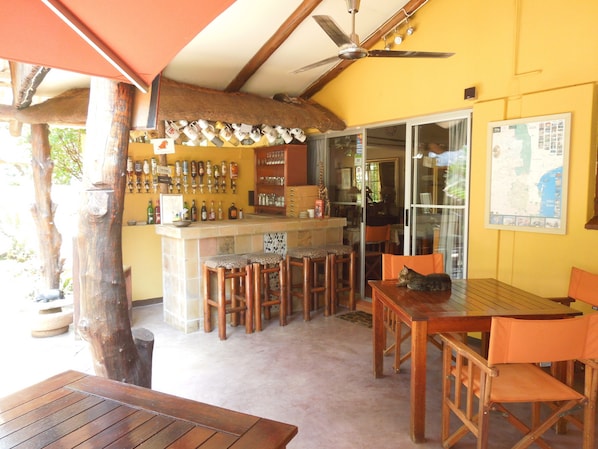 Una zona de bar con taburetes, una mesa de madera y un gato sobre una mesa.