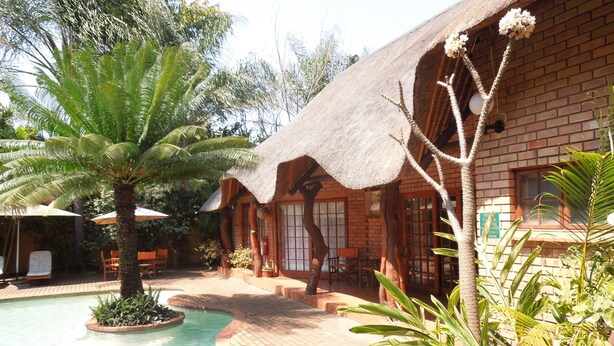 A pool area with a thatched-roof building, palm trees, and outdoor seating. - Trees Too Guest Lodge (Nkomazi)