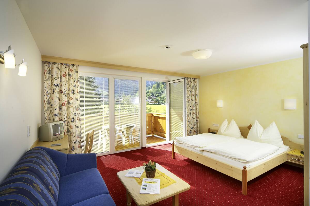 Ein Hotelzimmer mit Bett, Sofa, einem kleinen Tisch mit Pflanze, Fernseher und einer Glastür zum Außenbereich.