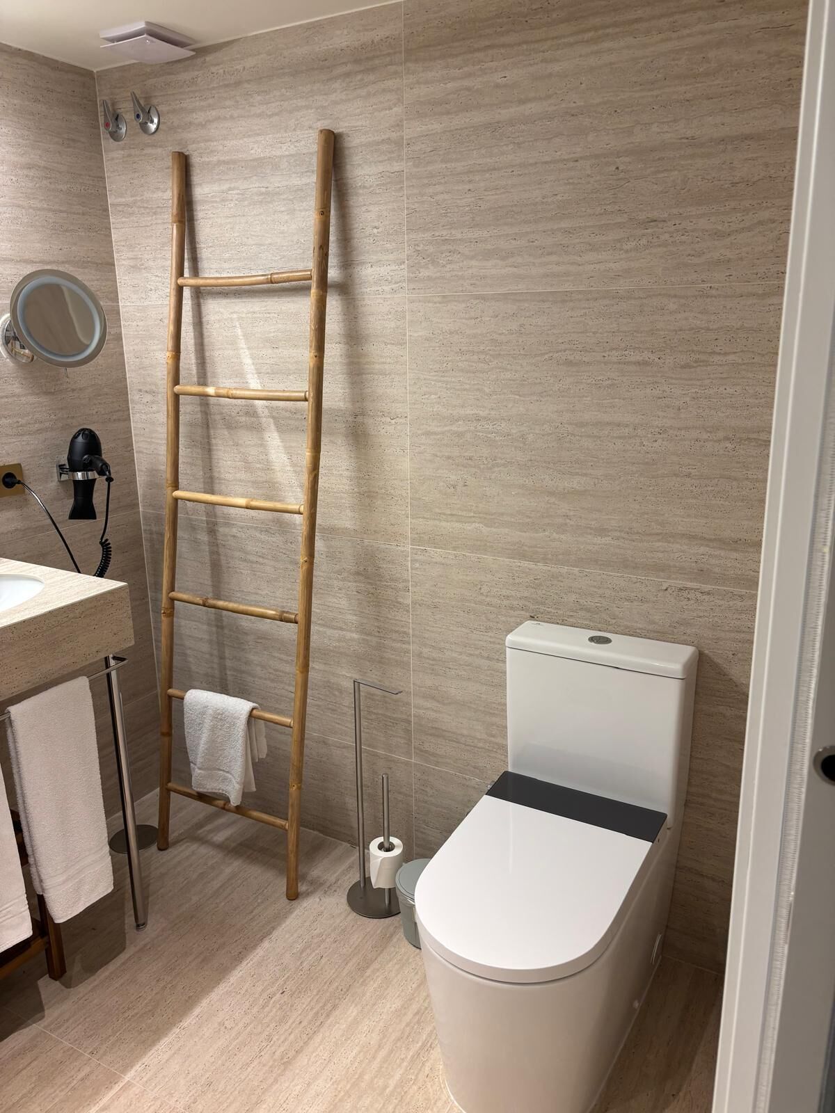 A bathroom with a toilet, a sink, a mirror, a towel rack, and a wooden ladder.
