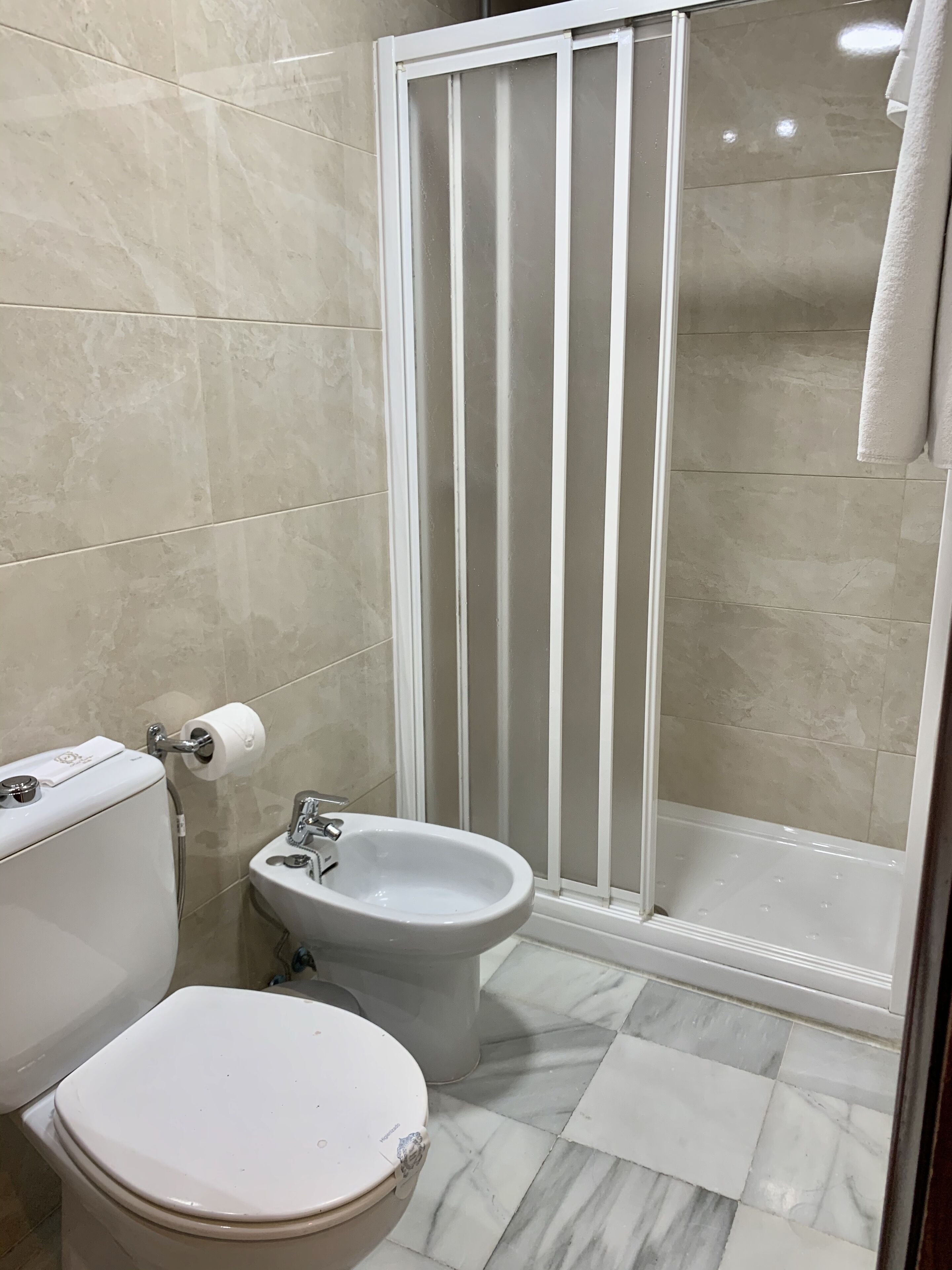 Une salle de bain équipée de toilettes, d’un bidet et d’une douche.