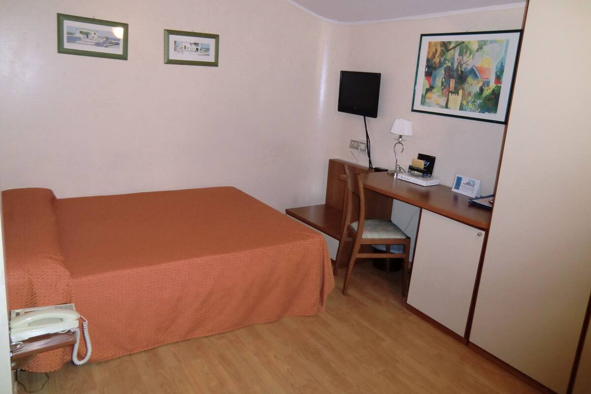 Una habitación de hotel pequeña con una cama individual, un escritorio con silla, televisión y un cuadro en la pared.