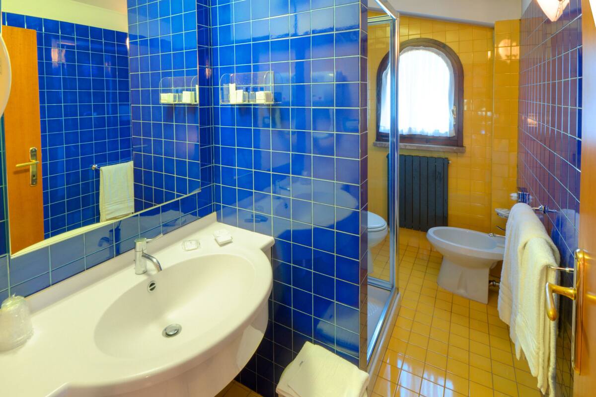 business double room | bathroom | shower, hair dryer, towels