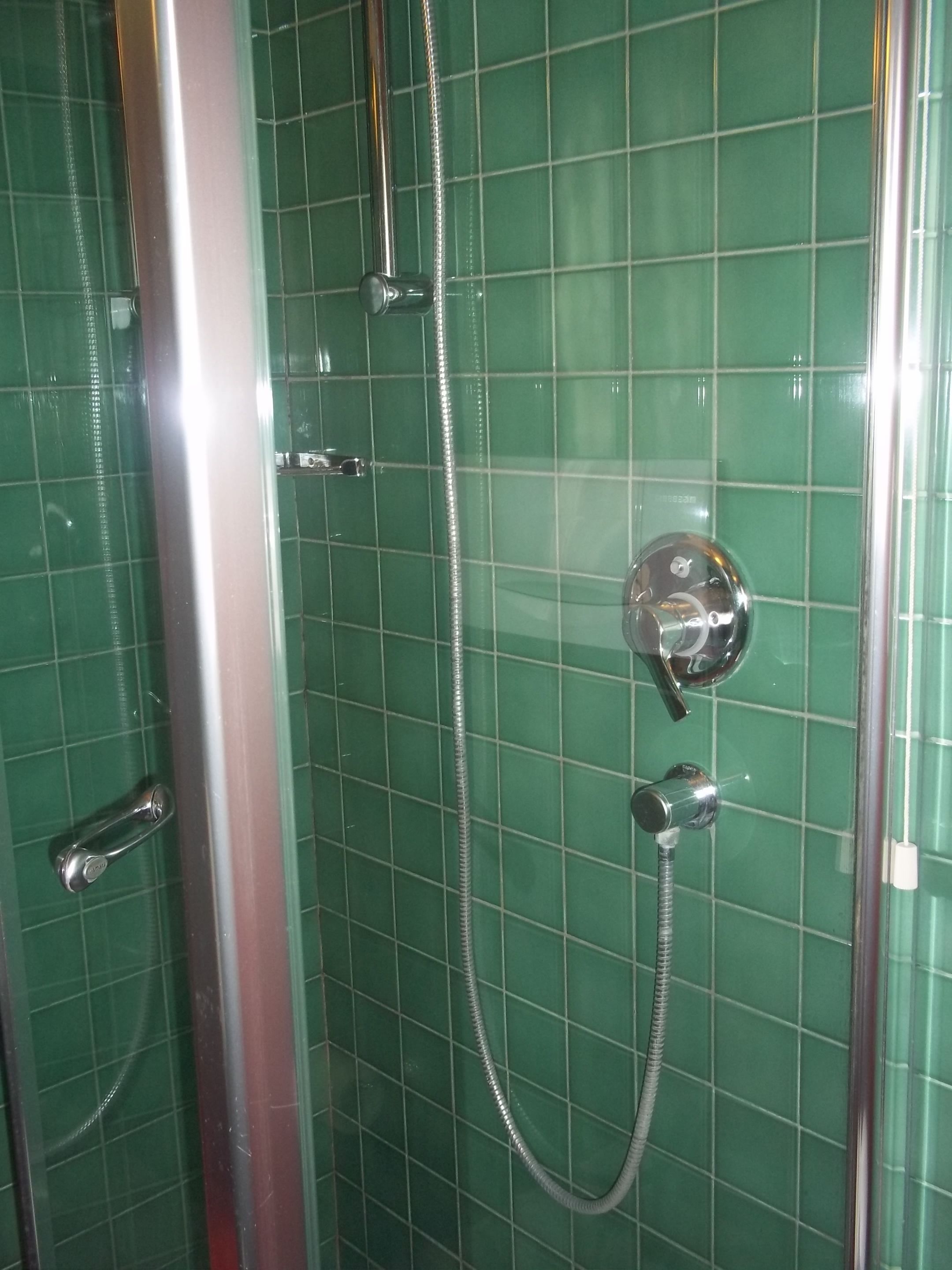 Une cabine de douche dotée d’un pommeau de douche chromé et d’un flexible de douche.