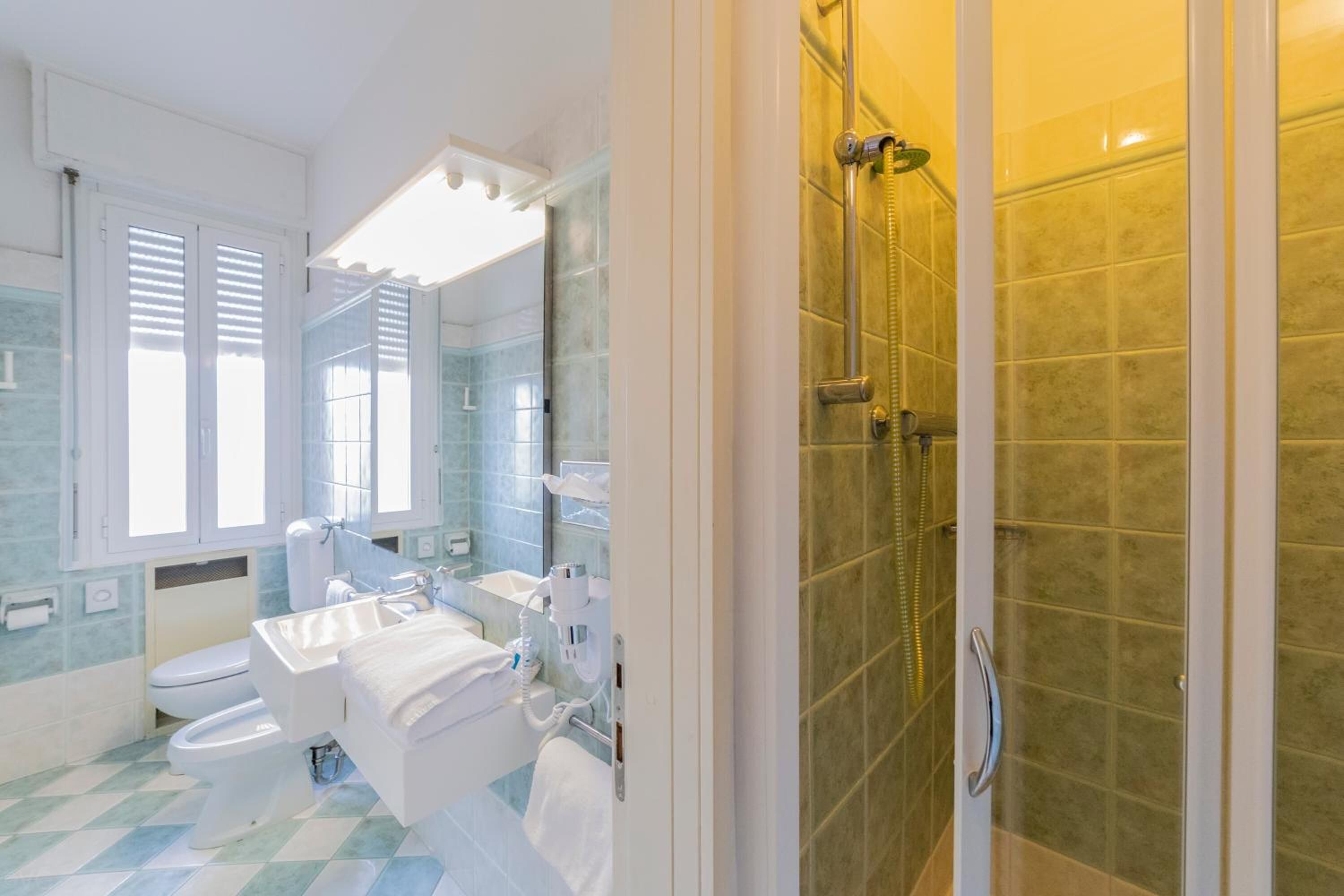 free toiletries, hair dryer, bidet, towels