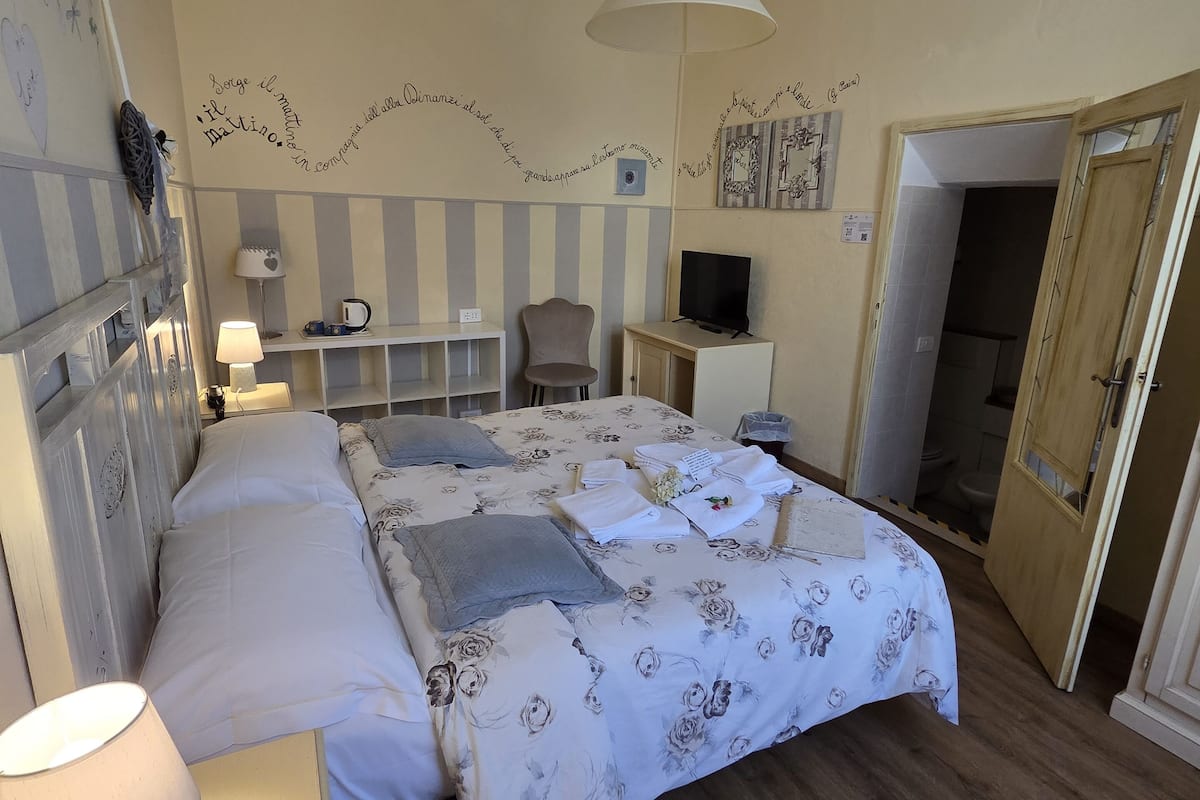Un dormitorio con cama, lámparas de noche, televisión y armario.