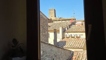 A window with a view of a building with a tower and tiled roofs.