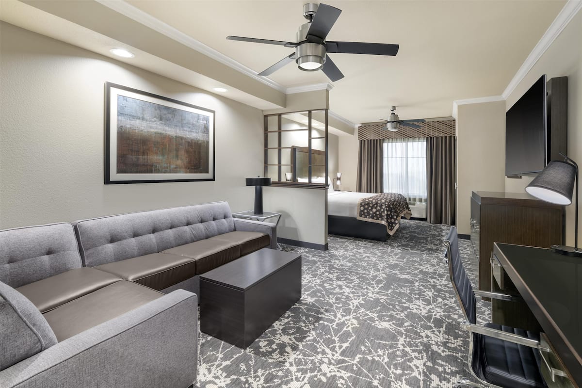 A hotel room with a sofa, a desk, a bed, a ceiling fan, a TV, and a large window with curtains.