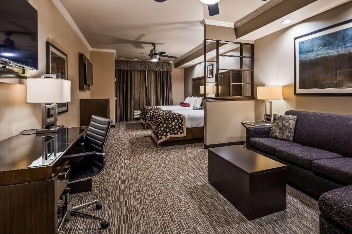 Una habitación de hotel con cama, sofá, escritorio con lámpara, televisor y un cuadro grande en la pared.