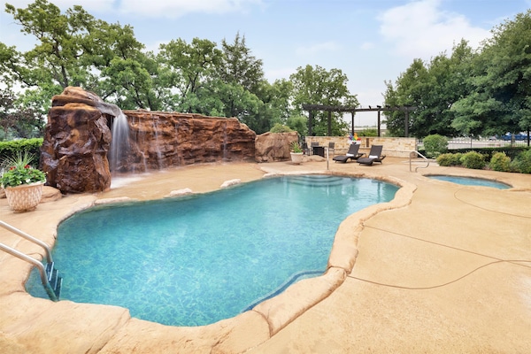 Outdoor pool, pool umbrellas, pool loungers