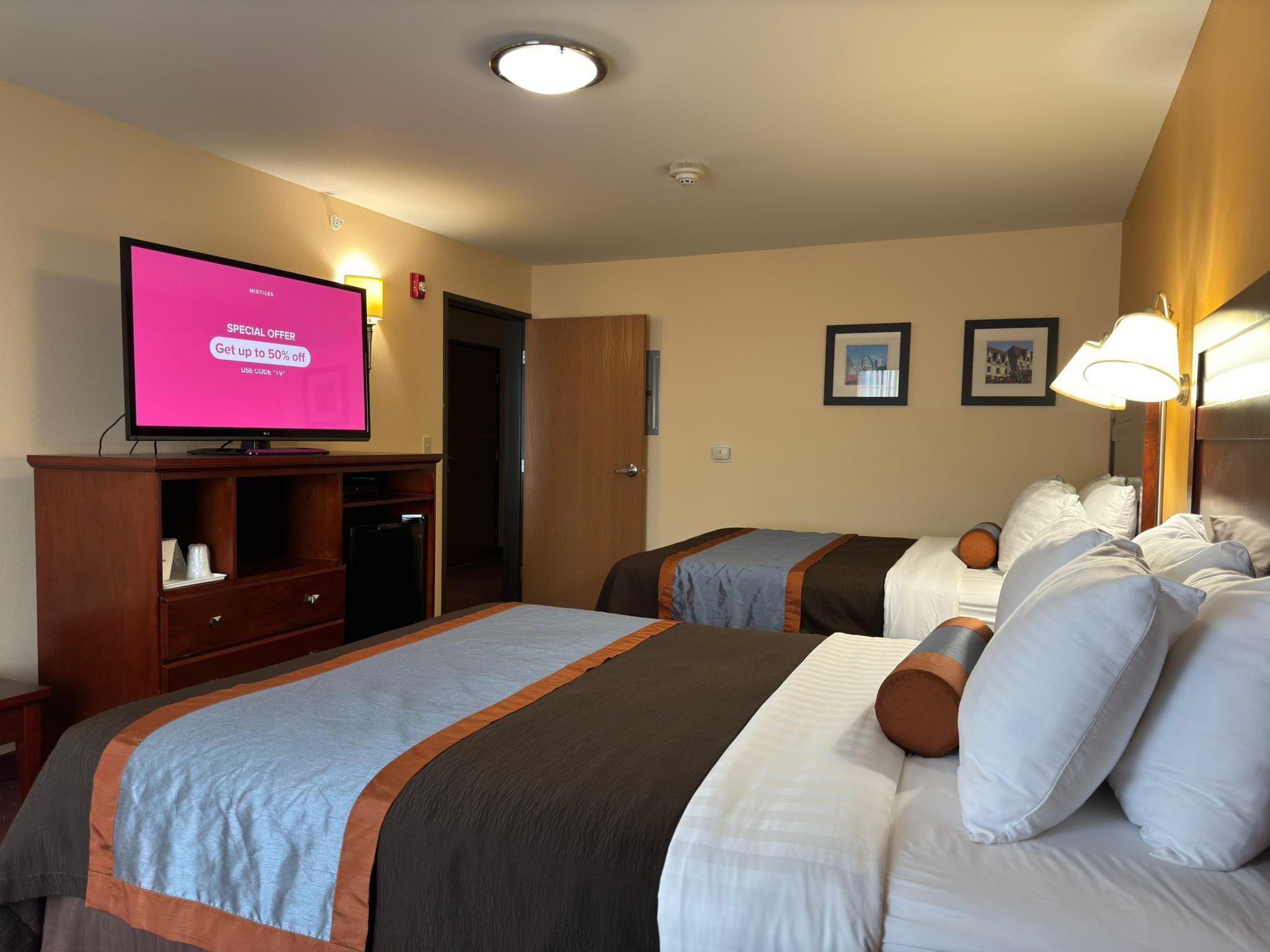 room, 2 queen beds, non smoking | desk, laptop workspace, iron/ironing board, free wifi