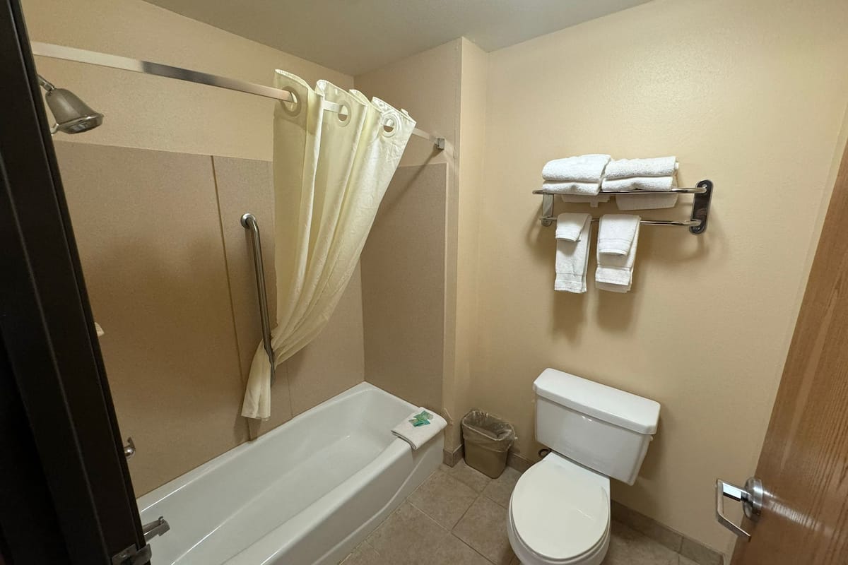 combined shower/bathtub, deep-soaking bathtub, free toiletries