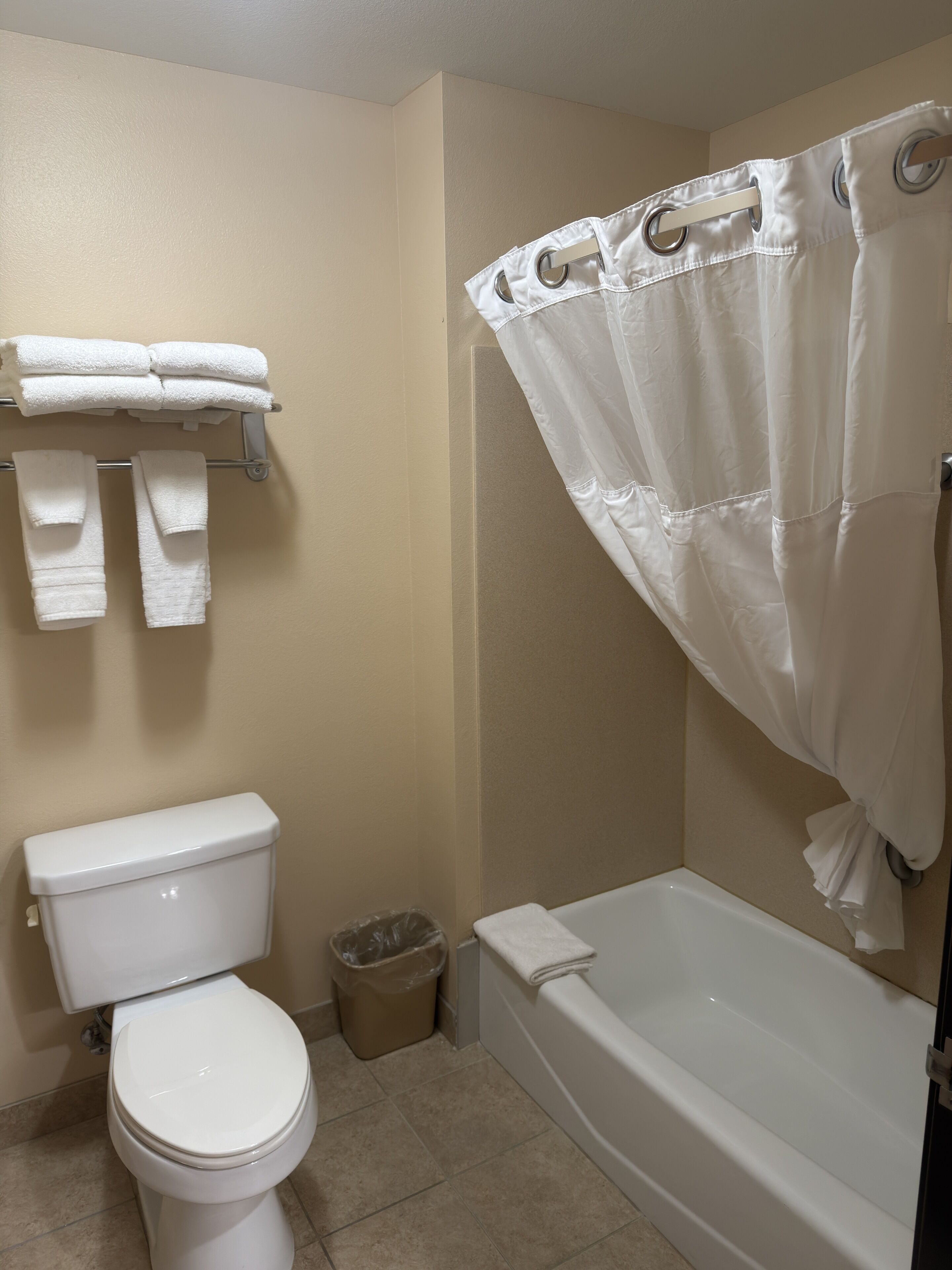 Ein Badezimmer mit Toilette, Badewanne und Duschvorhang.