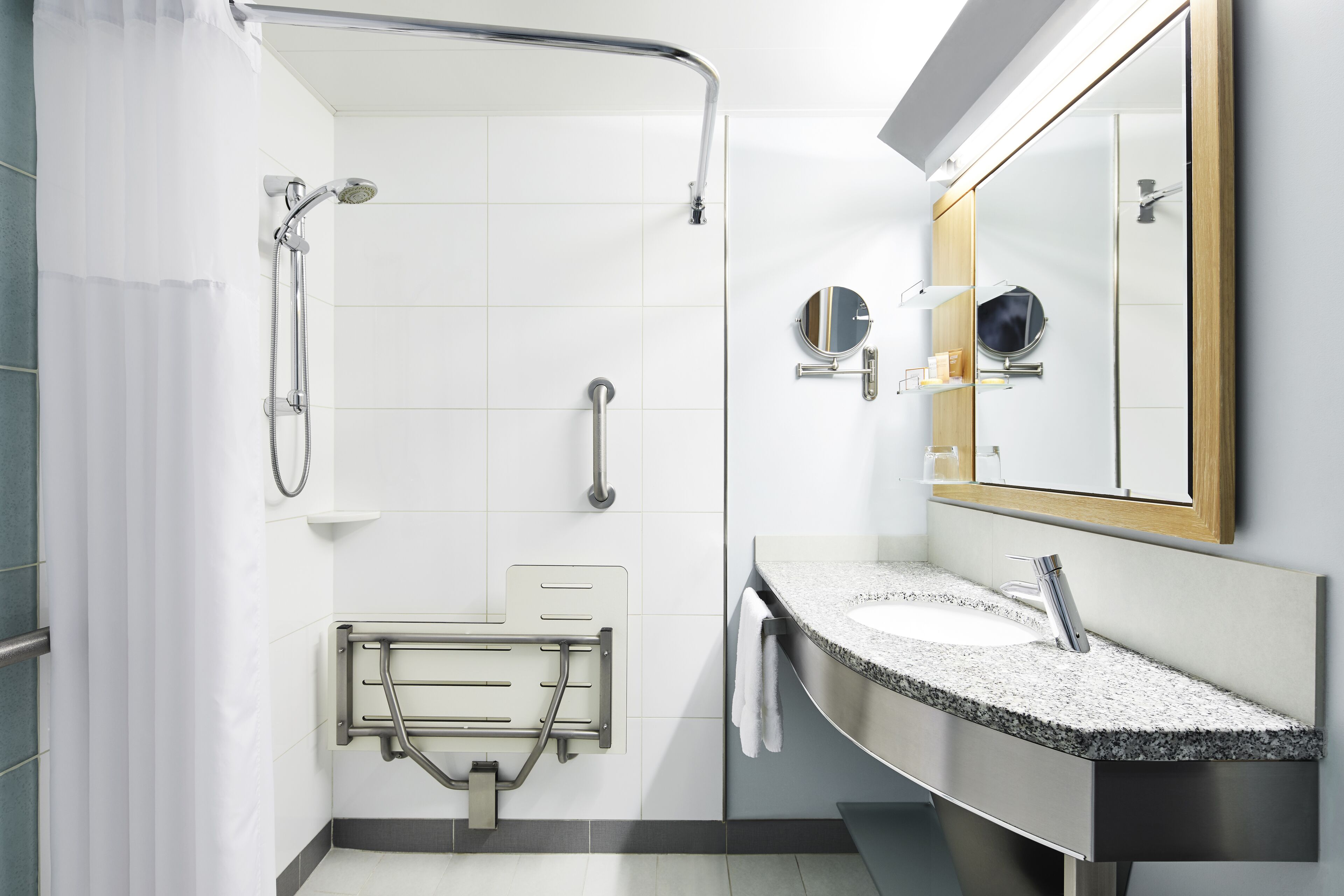 standard room, mobility accessible (mobility) | bathroom | shower, hair dryer, towels, soap