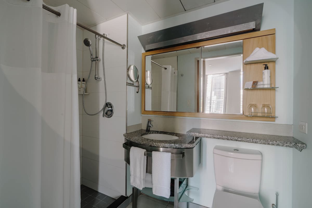 Features a sleek sink, matching vanity, and separate shower area with handheld showerhead.