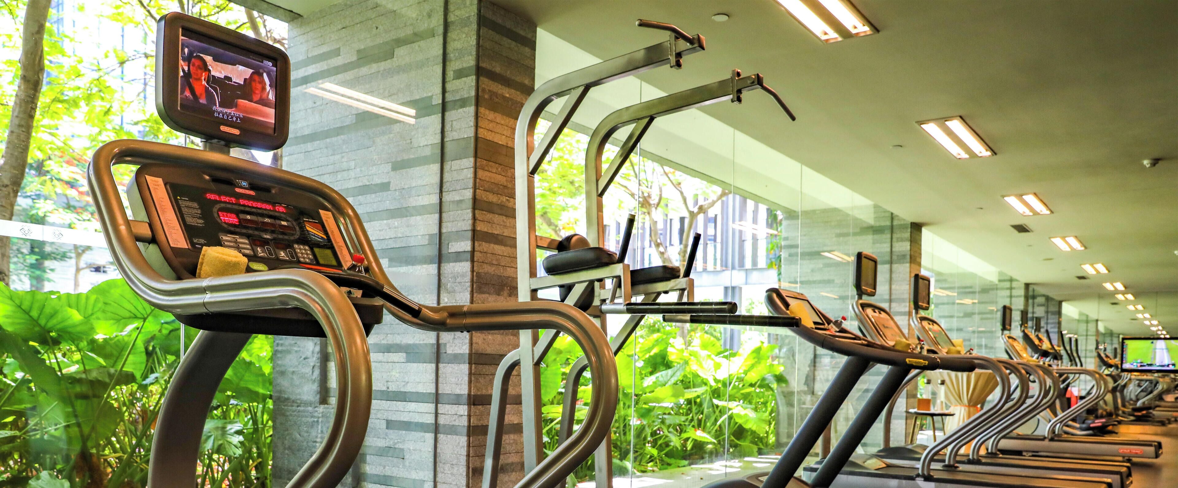 Un gimnasio con cintas de correr y equipo de ejercicio, rodeado de plantas tropicales.