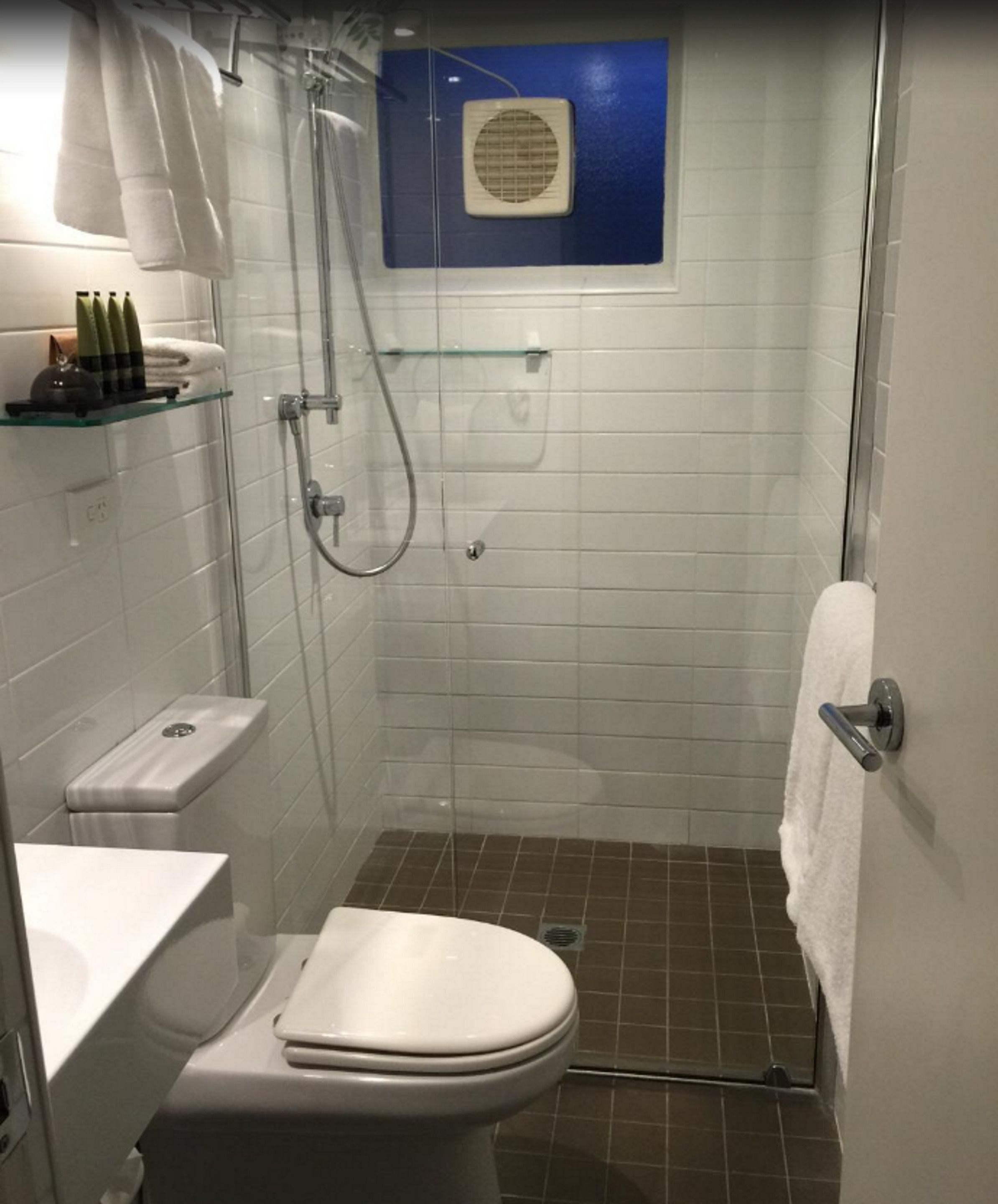 A compact bathroom with a toilet, shower, and a glass shelf with toiletries.