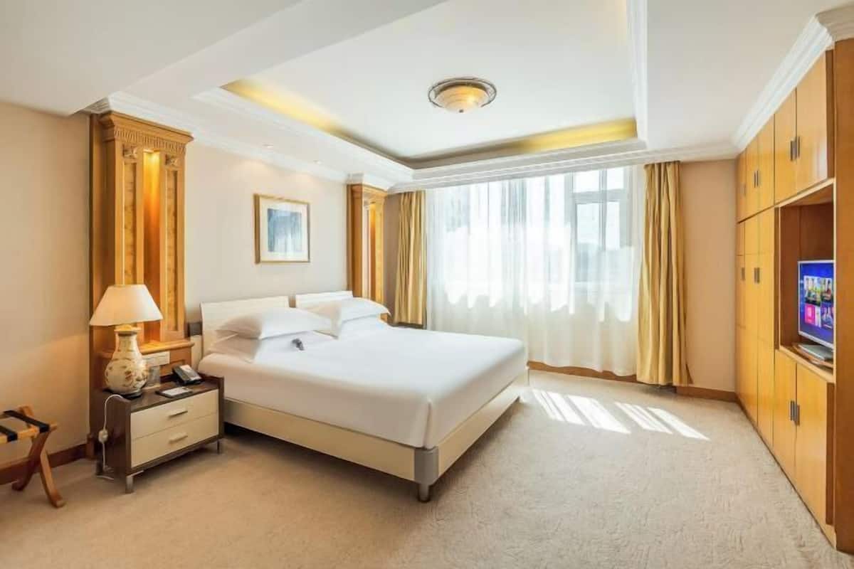 A hotel room with a large bed, a bedside table with a lamp, a TV, and a wardrobe.