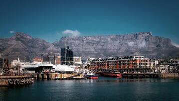 A harbor with boats, a prominent mountain in the background, and a building with red and white stripes.