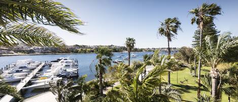 A marina with boats docked, surrounded by palm trees and a clear sky.