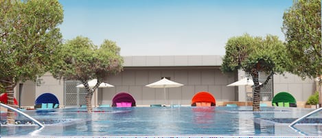 Outdoor pool, open 6:00 AM to 8:00 PM, pool umbrellas, sun loungers