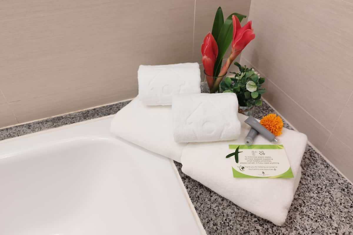 Une salle de bain avec une baignoire, deux serviettes blanches, un panneau vert, une fleur rouge et une petite plante en pot.