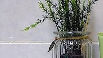 Un frasco de vidrio con una planta, atado con un cordón, sobre una superficie de baldosas.