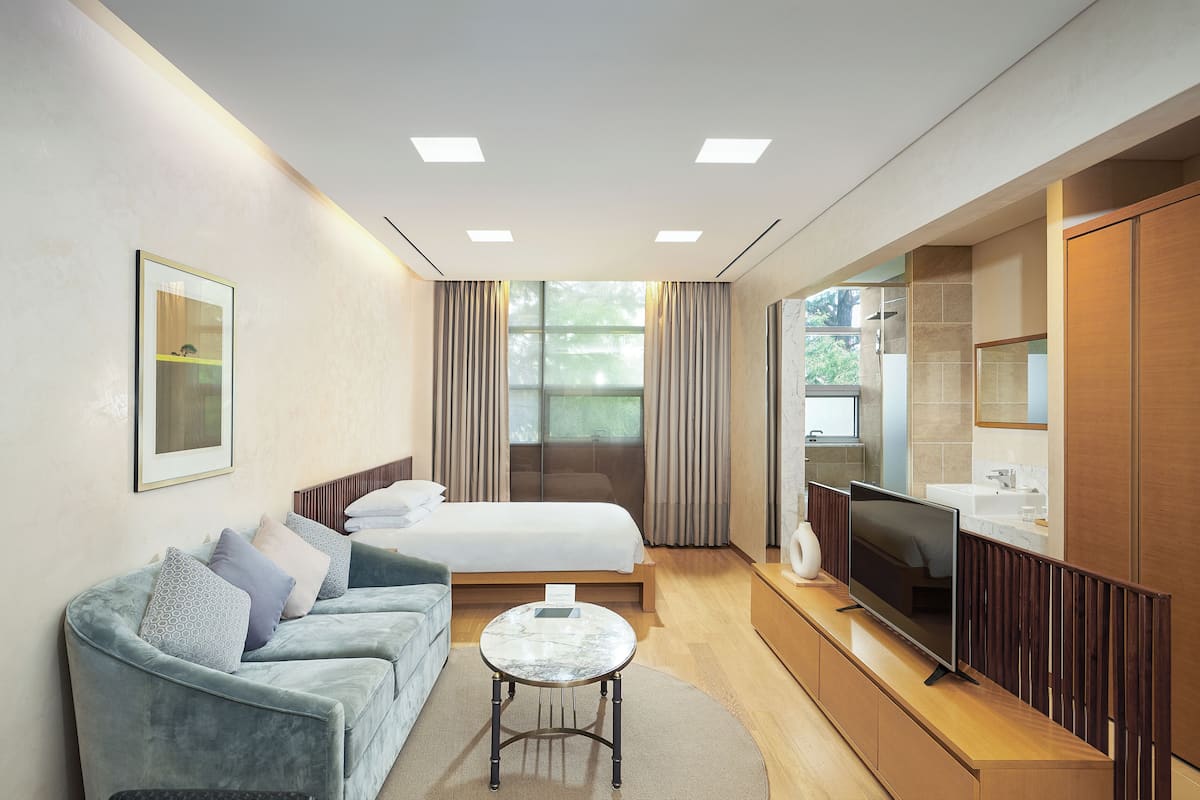 A modern hotel room with a bed, a sofa, a TV, and a bathroom.