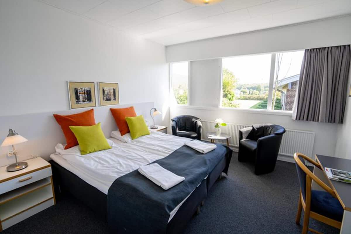 A hotel room with a large bed, two side tables, a desk, a chair, and a view of the outside.