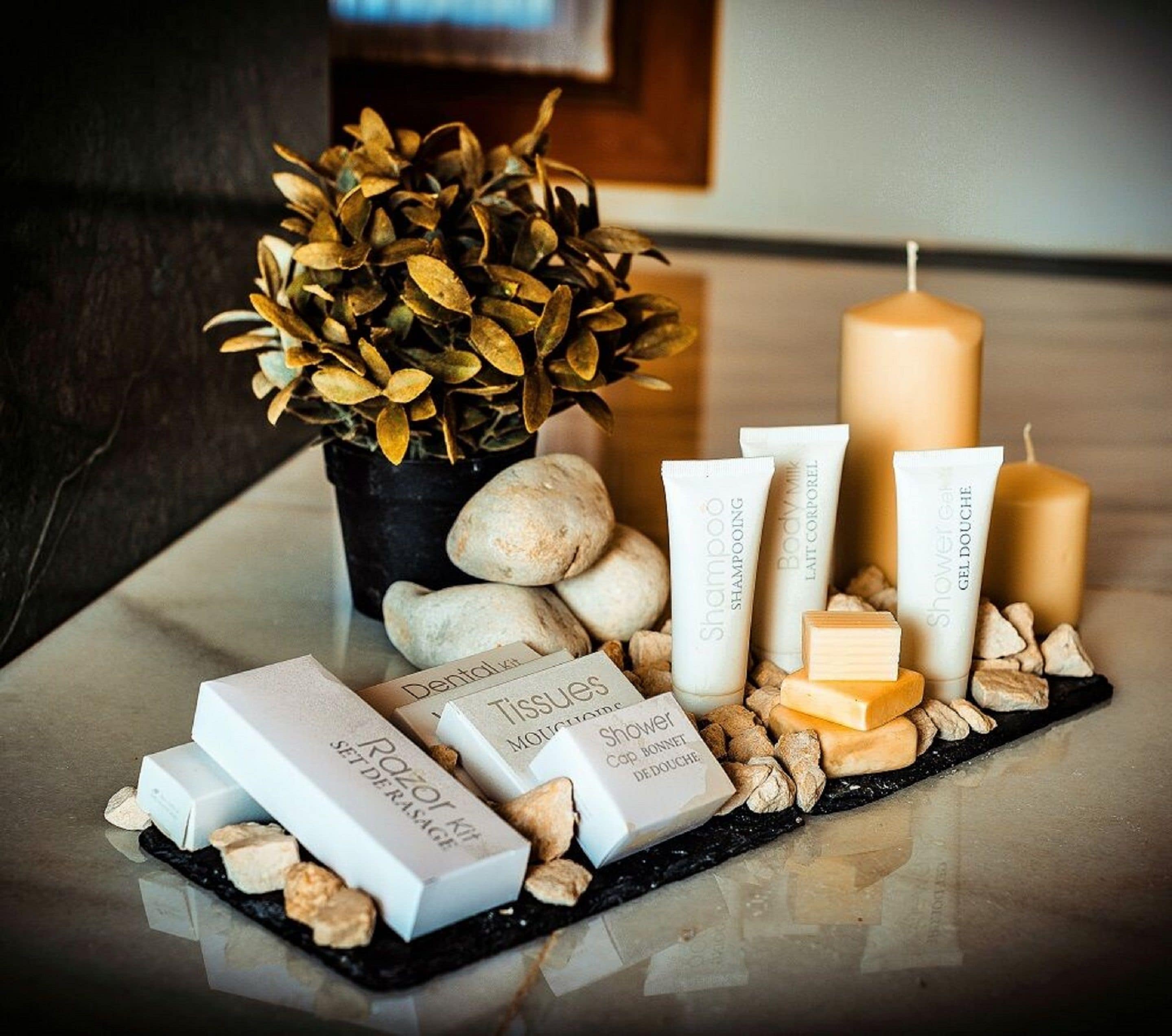 free toiletries, hair dryer, towels