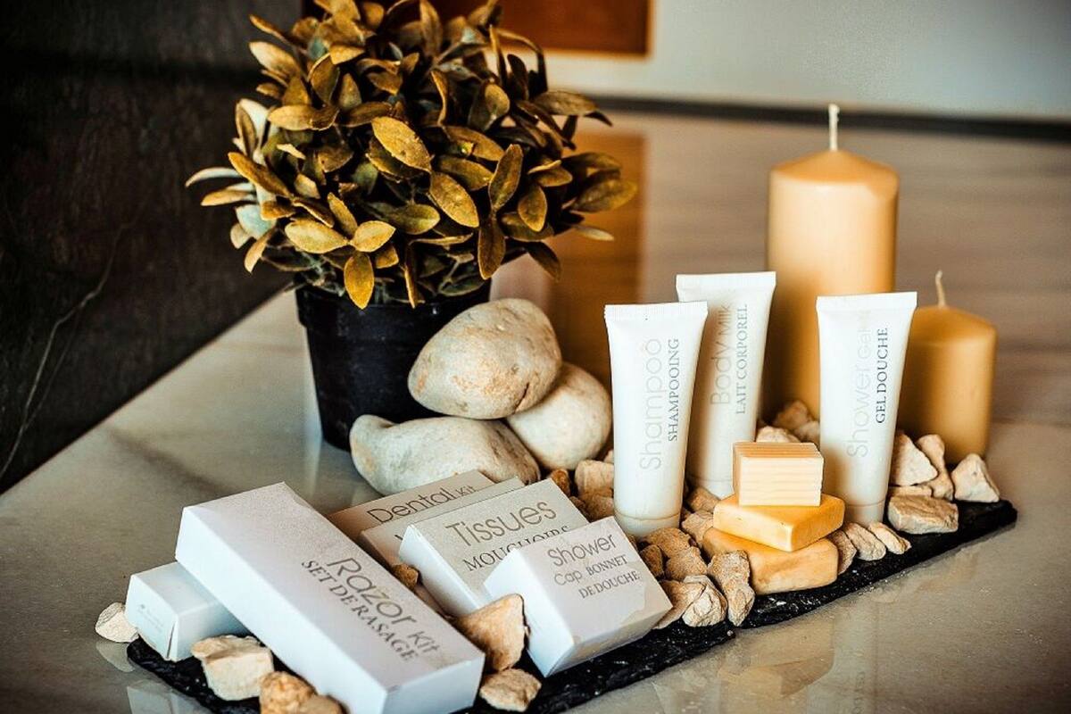 free toiletries, hair dryer, towels