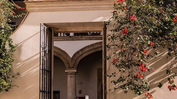 Un patio con una fuente, plantas en macetas y una entrada de edificio con arcos.