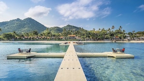 A wooden dock leading to a floating platform with tables and chairs, surrounded by clear water and palm trees, with a mountain and resort buildings in the background.