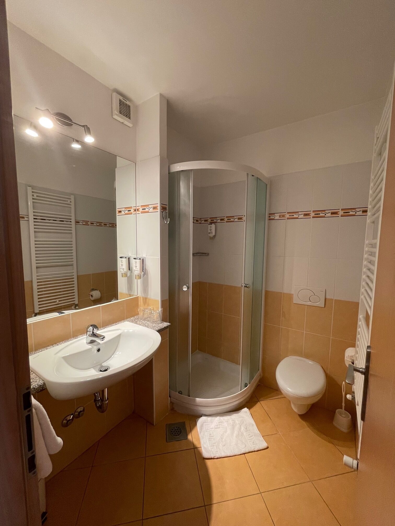 economy room | bathroom | shower, hair dryer, towels, soap