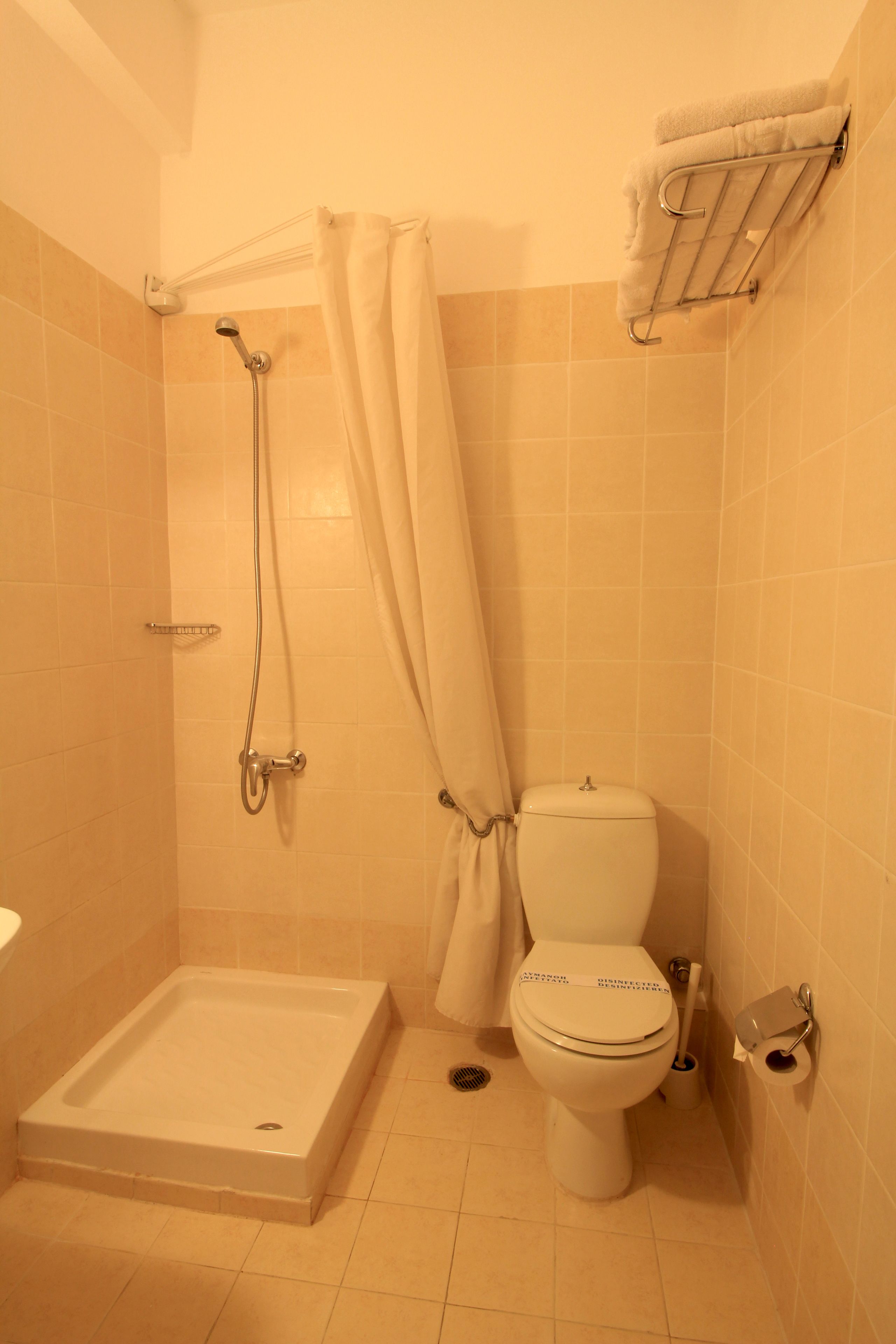 A small bathroom with a shower, toilet, and a towel rack.