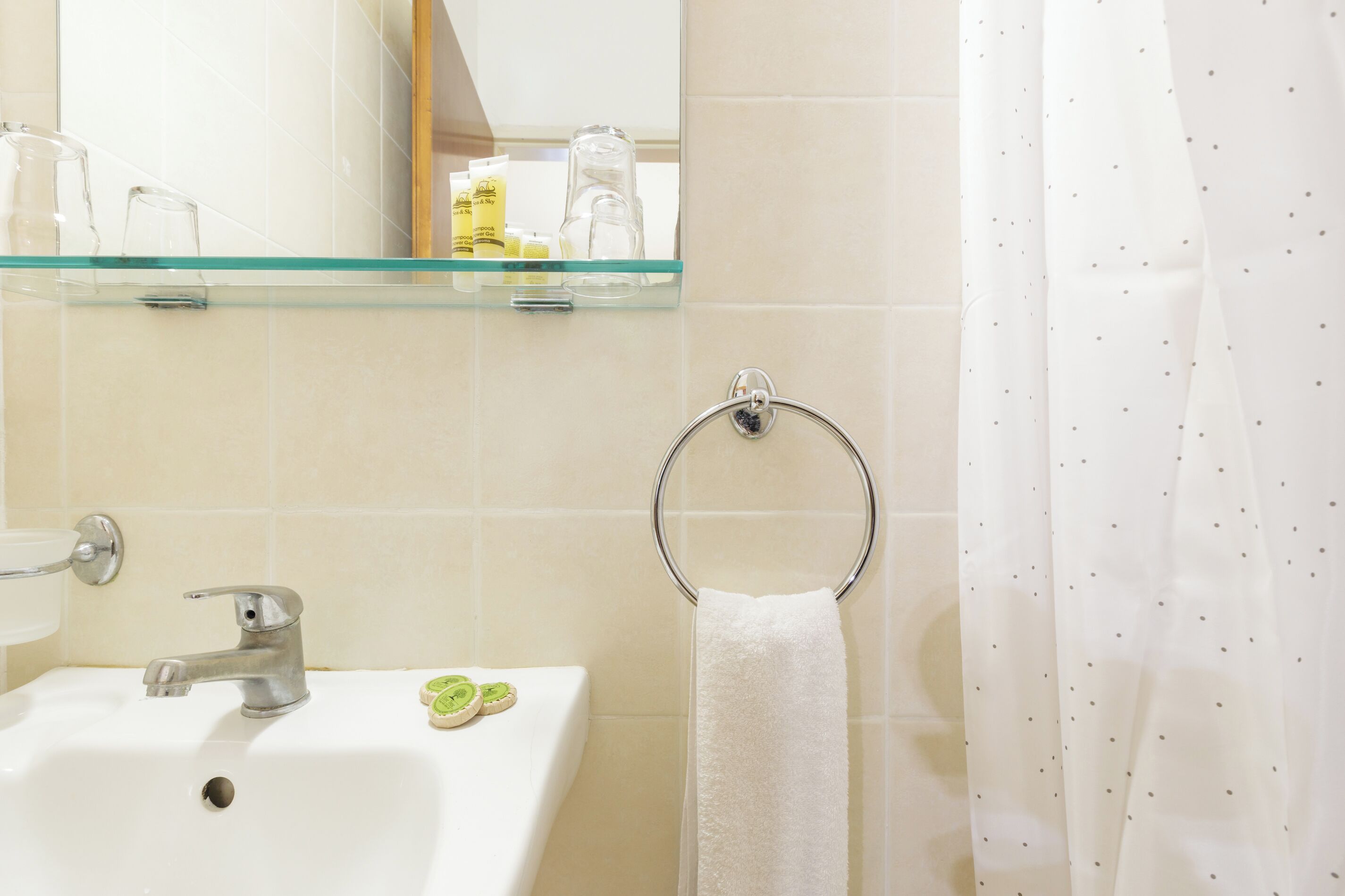 A bathroom with a glass shelf holding toiletries, a towel ring, and a sink.