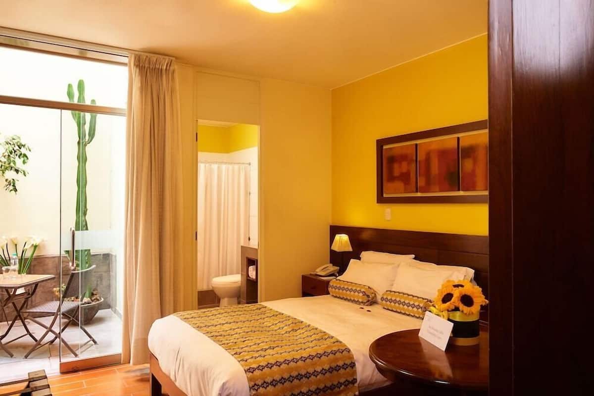 A hotel room with a bed, a bedside table, a lamp, a small table with a chair, a window with curtains, and a cactus plant.