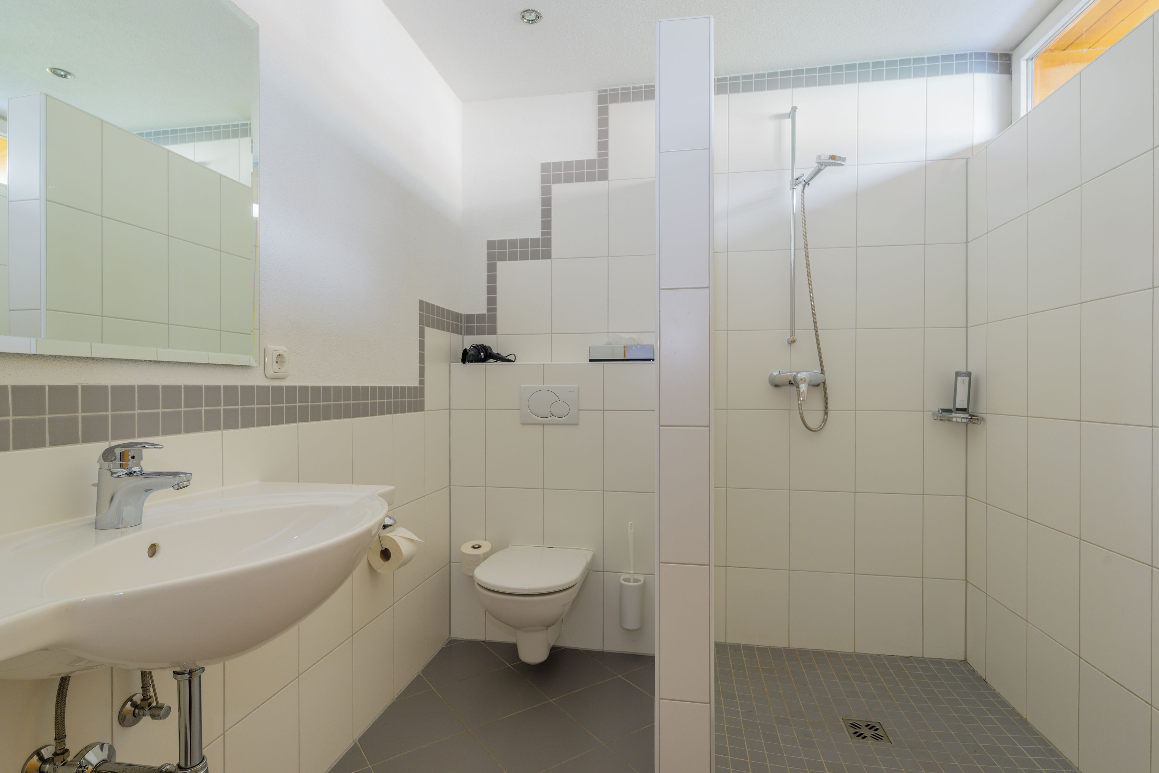 Un baño con lavamanos, inodoro y ducha.