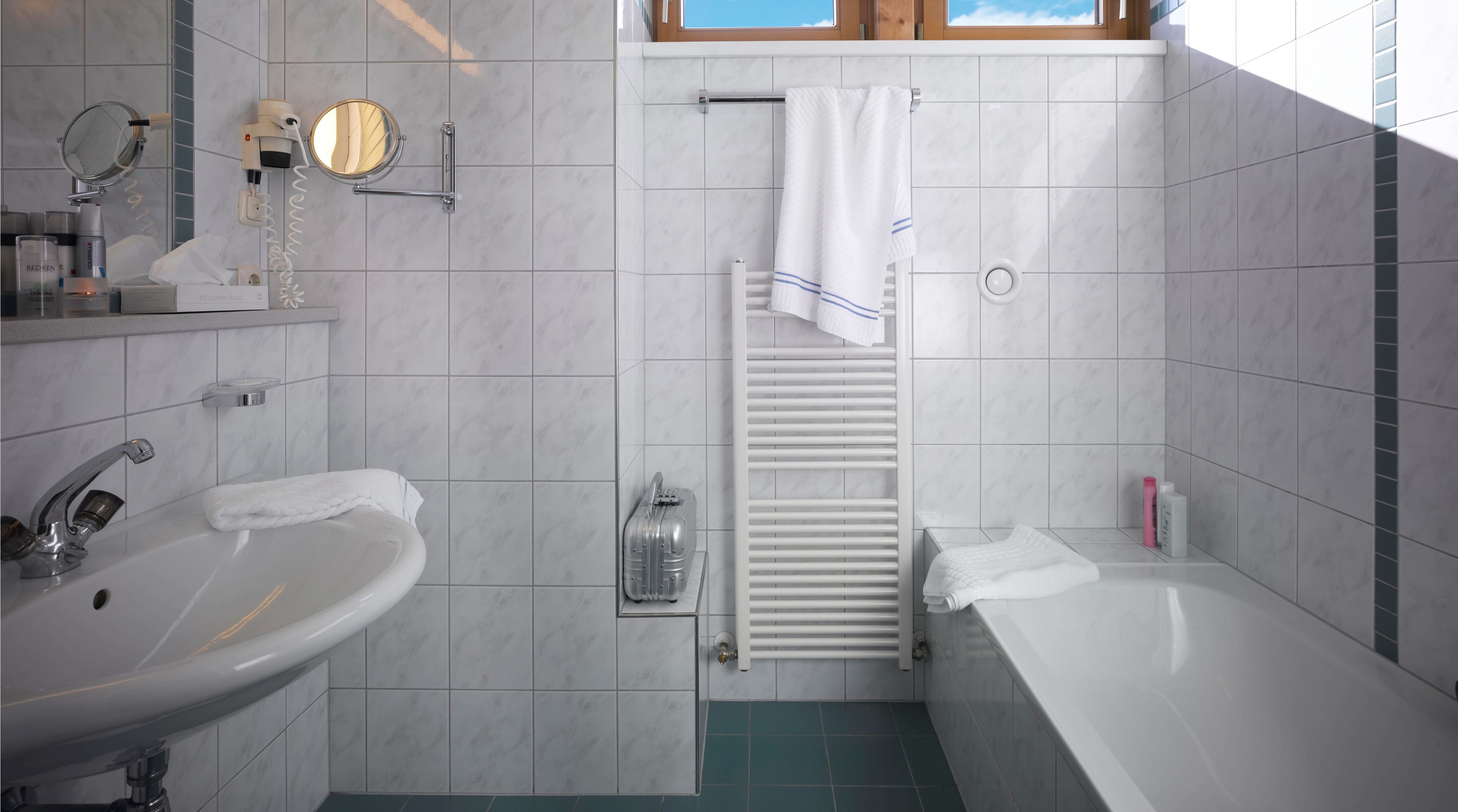 bathroom | hair dryer, towels, soap, shampoo