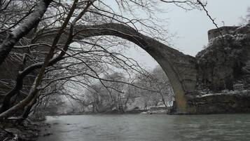 A stone bridge over a river, surrounded by bare trees and a rocky cliff.