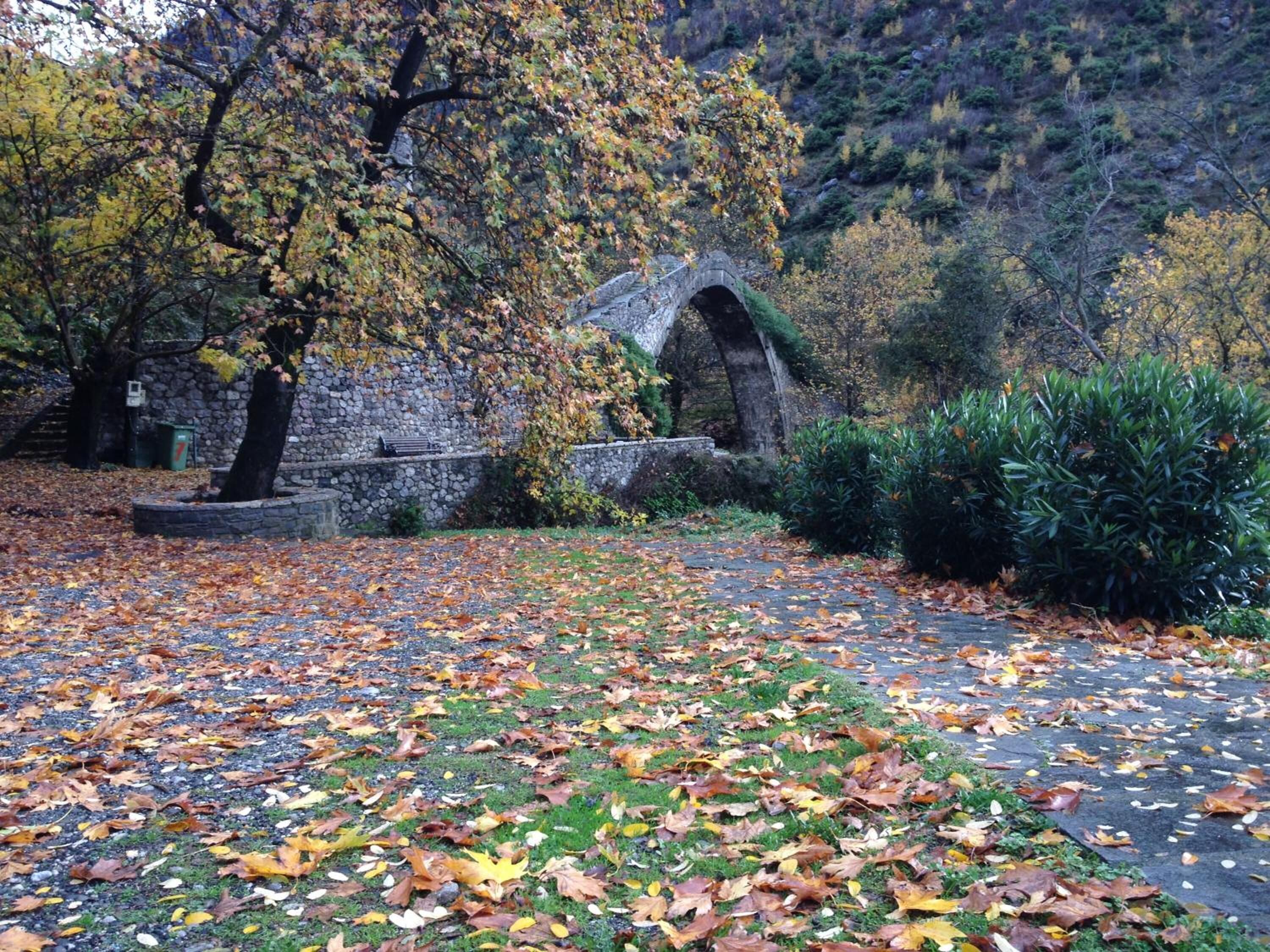 Un pont de pierre, un mur de pierre et un arbre aux feuilles d’automne.