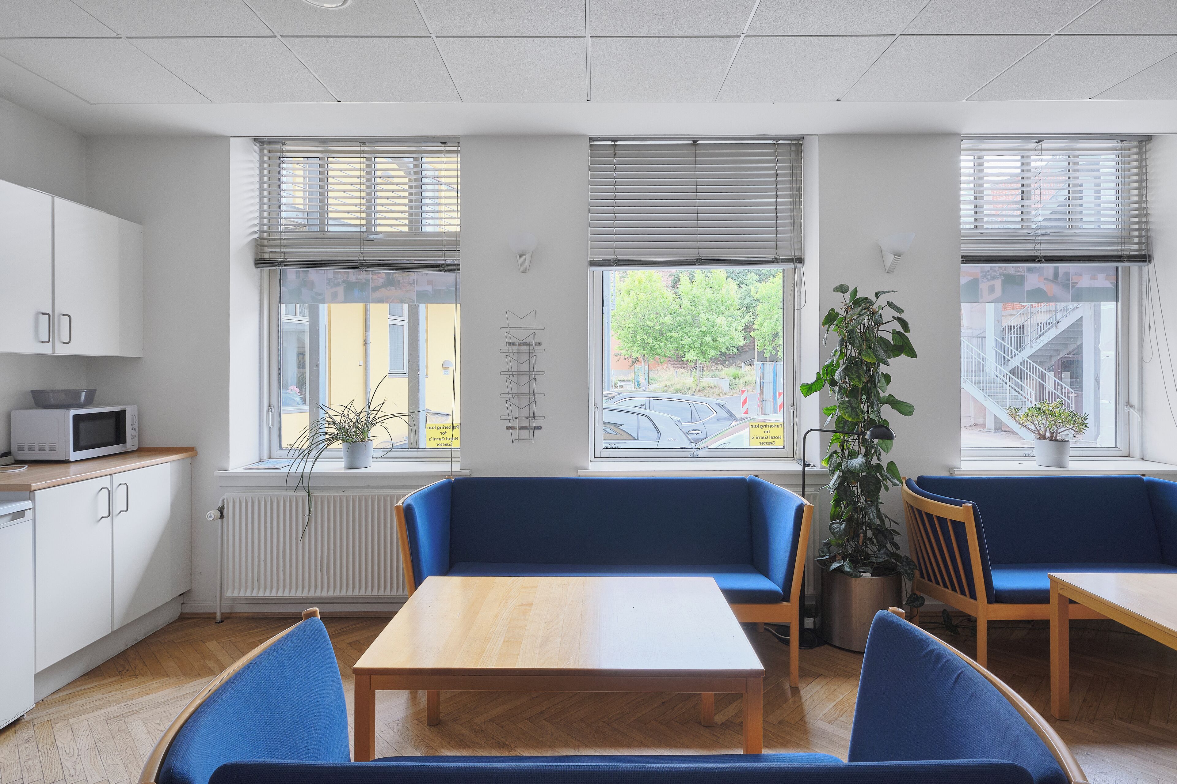 Cocina moderna con alacenas blancas, microondas y una planta en maceta. Hay sillas azules y una mesa de madera en una habitación luminosa con ventanas grandes.