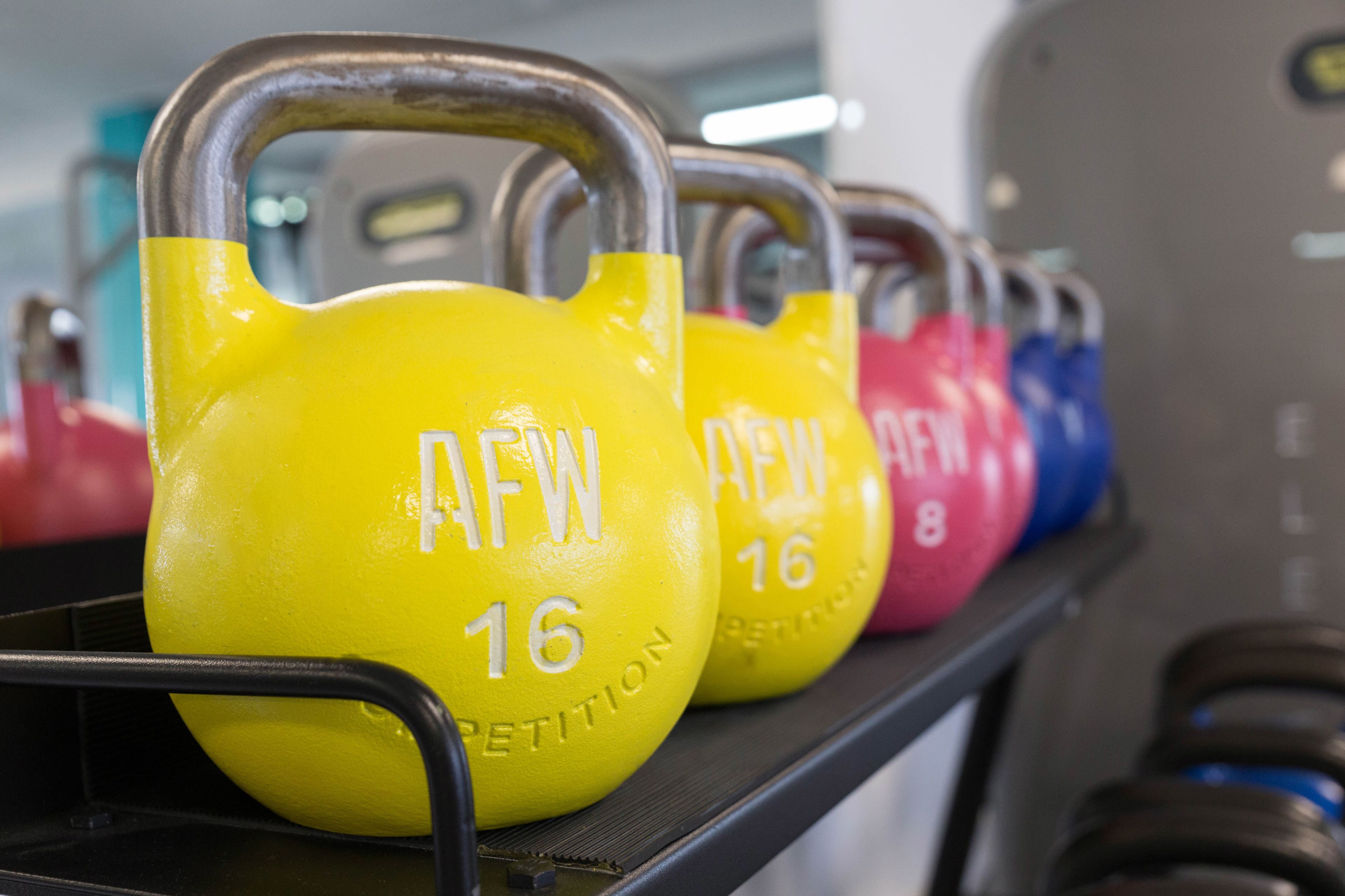 A row of kettlebells with inscriptions and numbers, likely used for weight training.