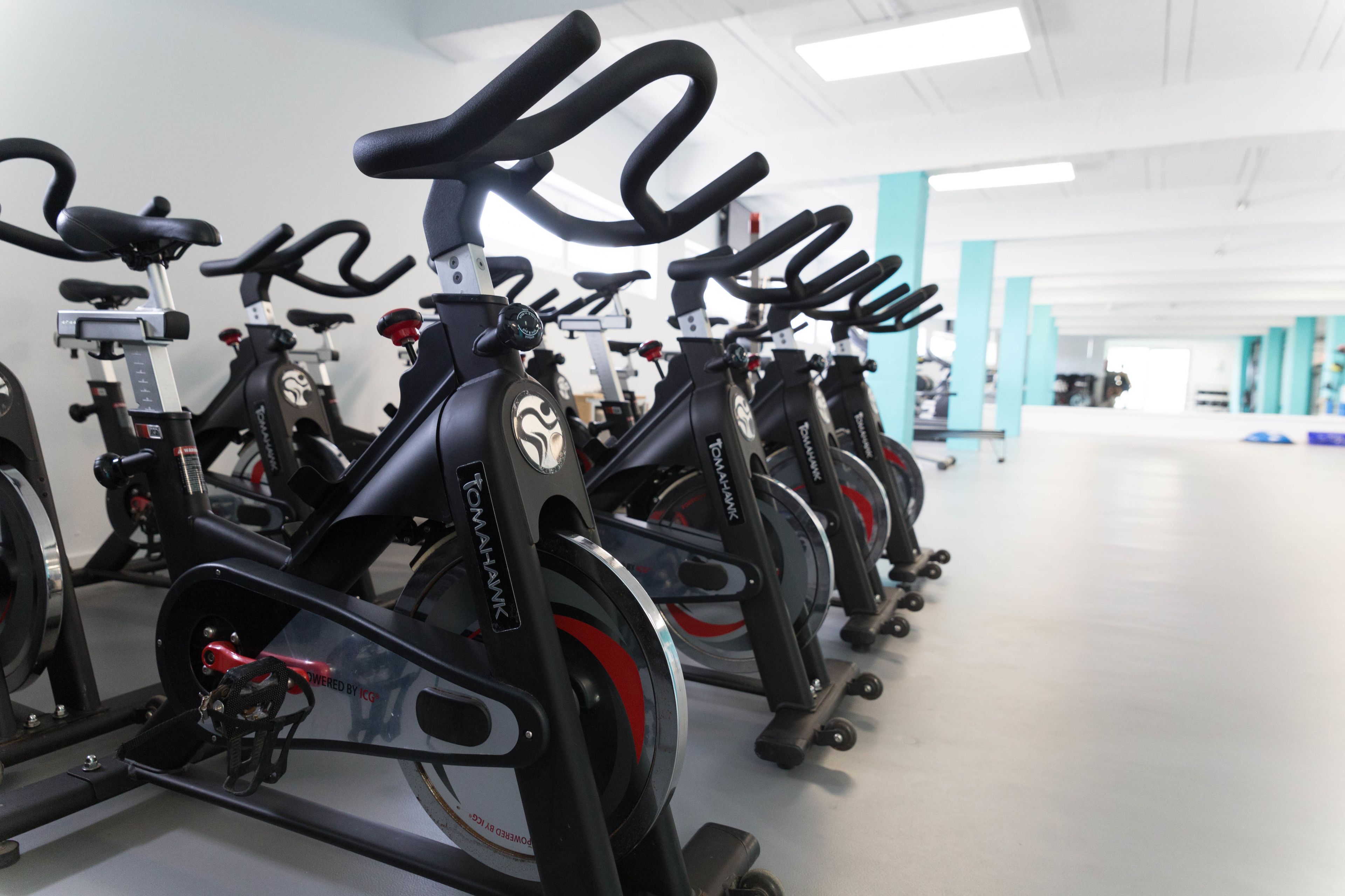 Fileira de bicicletas ergométricas em academia com design moderno e espaçoso, e ambiente bem iluminado.