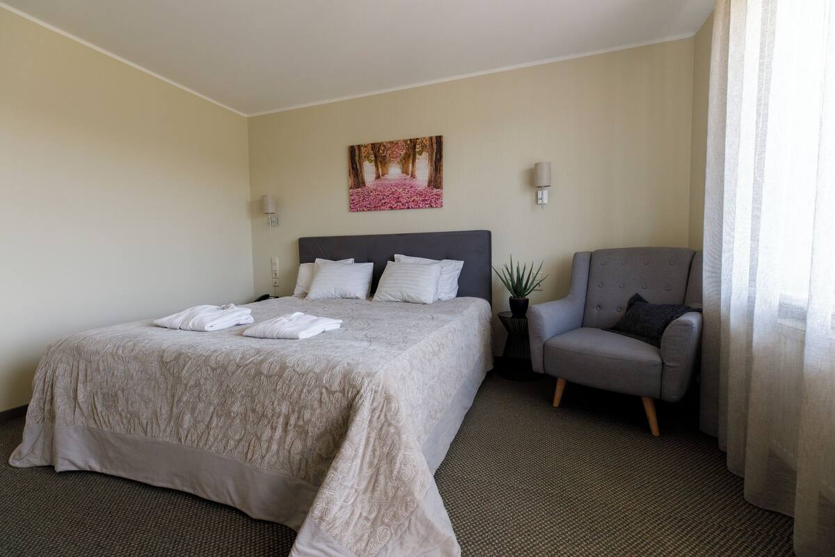 Habitación de hotel con una cama grande, una silla, un cuadro en la pared y una planta en maceta.